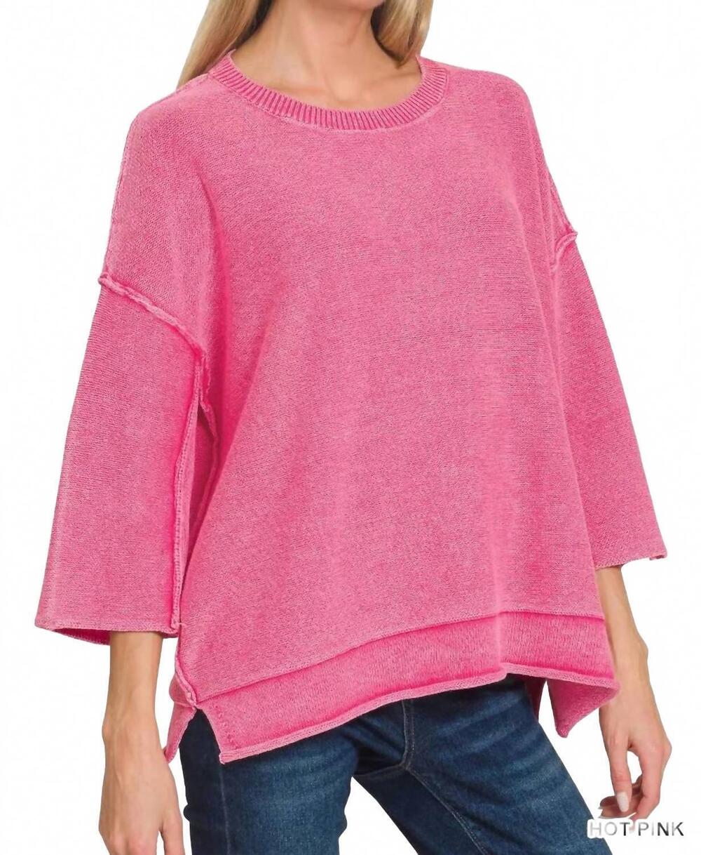 NEW ZENANA mineral washed 3/4 sleeve boxy sweater in hot pink